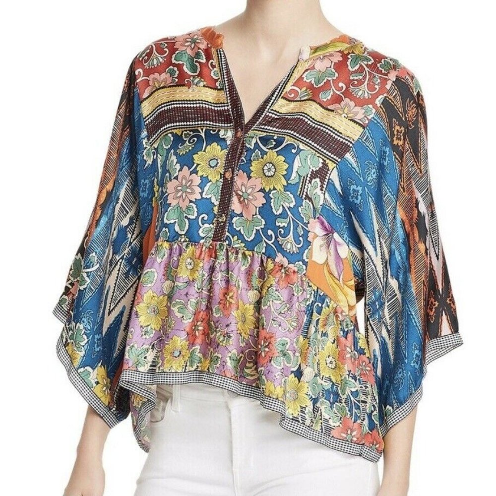 Johnny Was Miranda multi silk floral peplum top XL